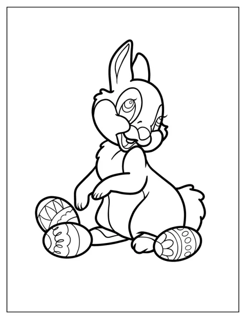 Un iepuraș în stil Disney apare alături de ouă de Paște.