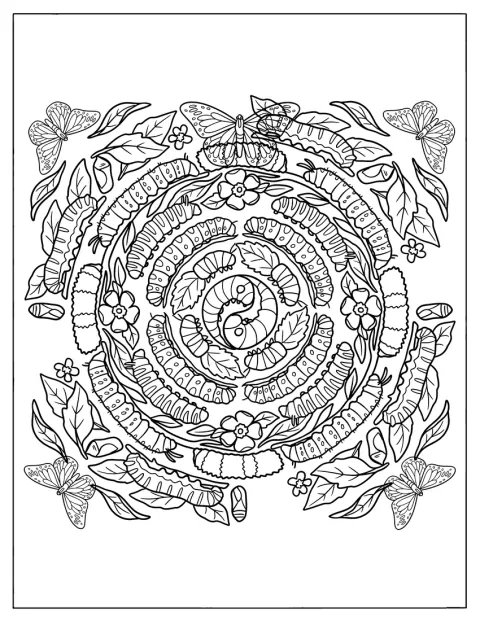 葉っぱやチョウの模様に囲まれた、いもむしの曼荼羅です。