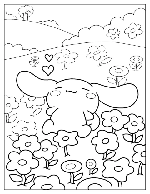 Cinnamoroll dorme entre flores num campo tranquilo.