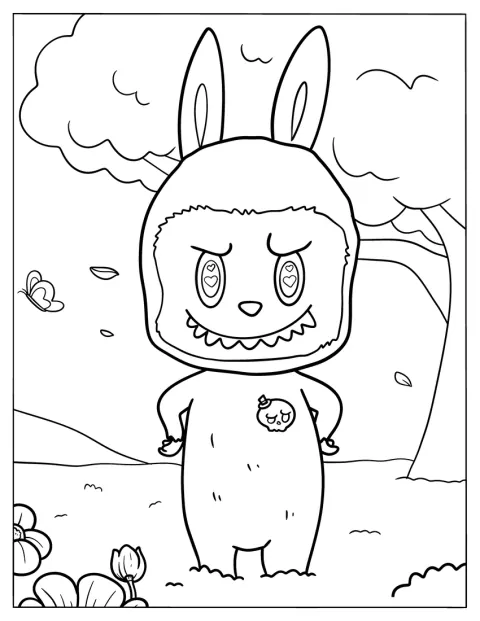 Jättimäinen Labubu seisoo luonnossa kasvien ja kukkien ympäröimänä.