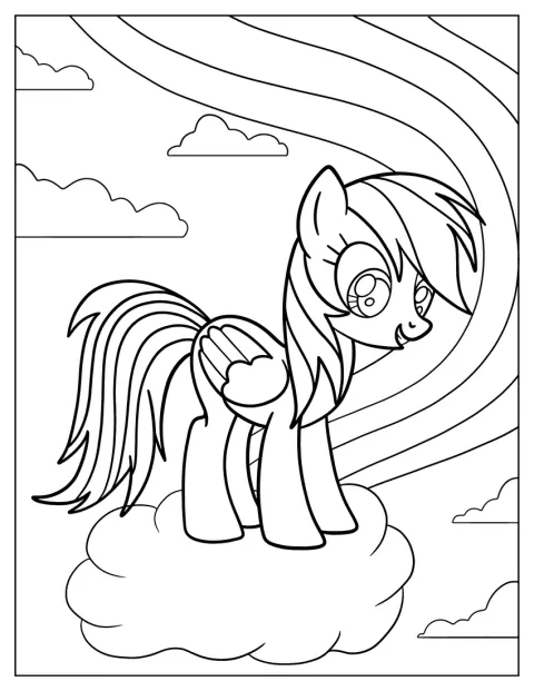 Rainbow Dash sitter på en sky med vingene foldet.