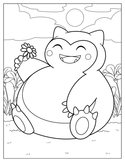 Snorlax sostiene una flor entre sus manos.