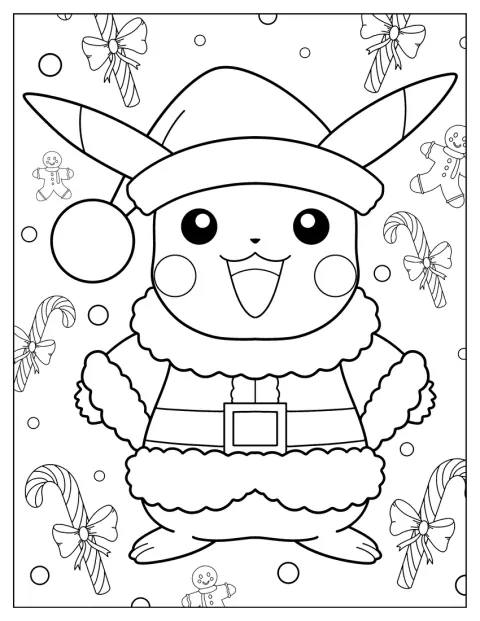 Mit einer Weihnachtsmütze auf dem Kopf feiert Pikachu Weihnachten.