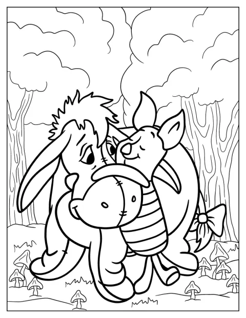 Piglet rodea con sus brazos a Eeyore en un abrazo cariñoso.