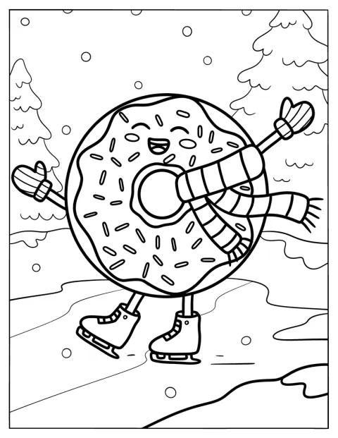 Ein fröhlicher Donut gleitet auf Schlittschuhen über das Eis.