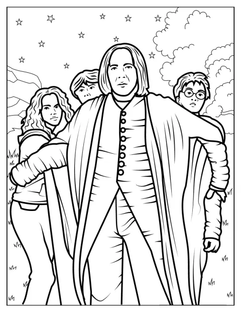 Severus Snape stojí před Harrym, Ronem a Hermionou a chrání je.