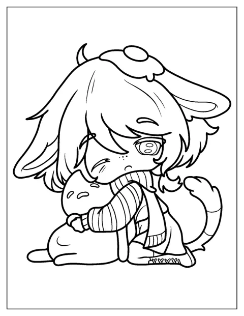 Une fille-chien de style chibi enlace tendrement Gudetama.