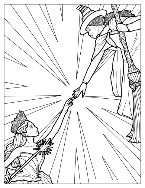 Glinda och Elphaba sträcker ut händerna mot varandra.