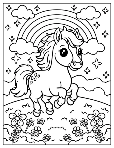 Um pequeno cavalo está num campo florido, com um arco-íris no céu.