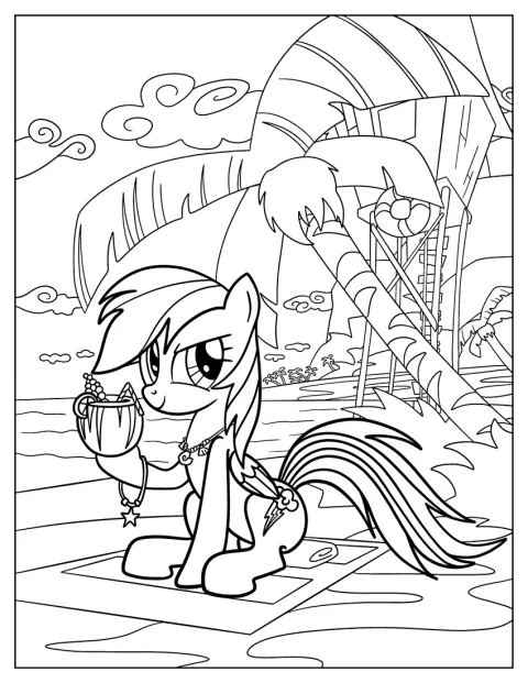À la plage, Rainbow Dash lève une boisson à la noix de coco.