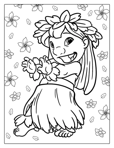 Lilo dança hula na relva, vestida com uma saia de ráfia.