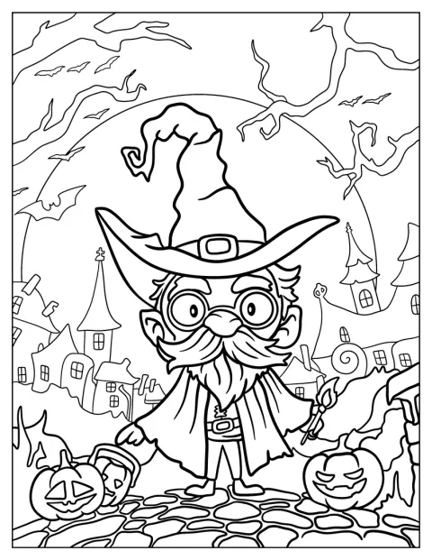 En liten trollmann i chibi-stil feirer Halloween.