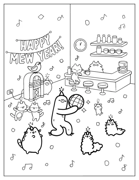 Pusheen fejrer nytår med fest og balloner.