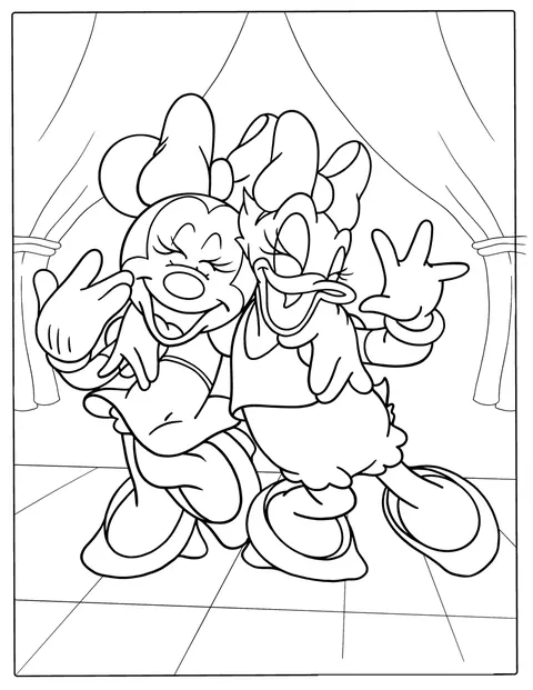 Minnie Mouse og Andersine And ler sammen.