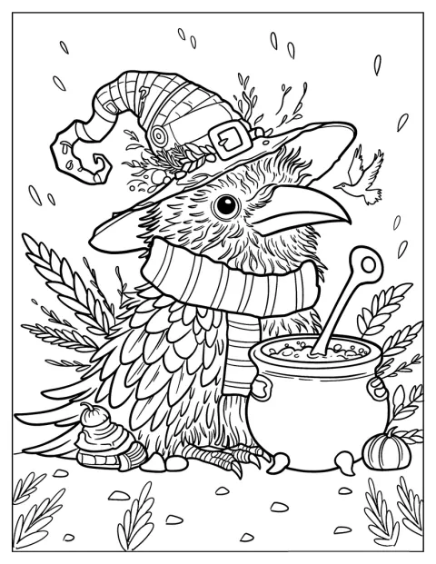 Un petit corbeau coiffé d’un chapeau de sorcière se tient près d’un chaudron magique.