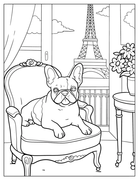 Ranskanbulldoggi lepäilee tuolilla, ja taustalla kohoaa Eiffel-torni.