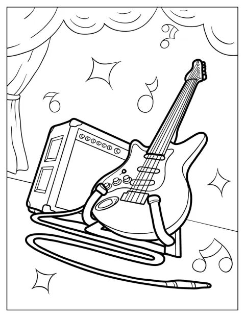 Een stoere elektrische gitaar staat op een podium naast een versterker.