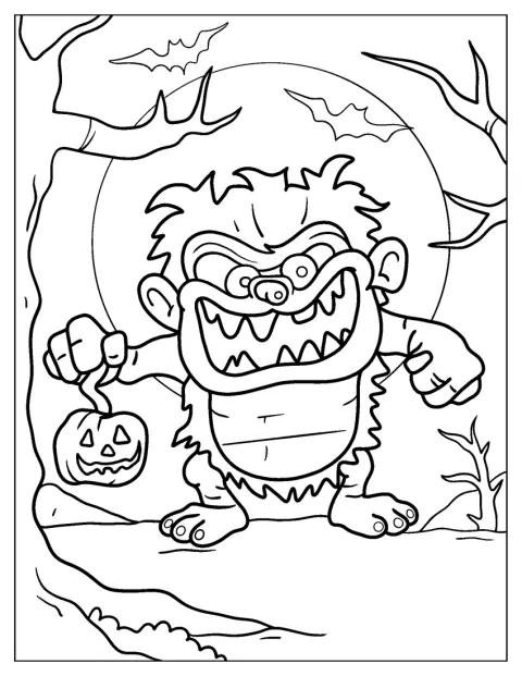Ein gruseliges Monster hält eine leuchtende Kürbislaterne.