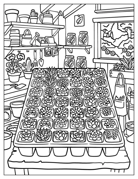 Pequeñas plántulas de suculentas crecen en una bandeja dentro de un jardín interior.