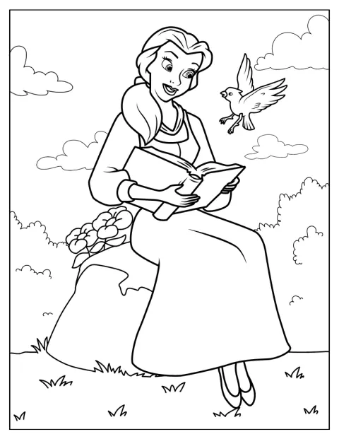 Bella lee un libro mientras un pájaro se posa cerca de ella.