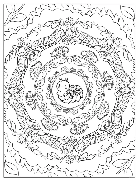 Blader og blomstermønstre omgir en larvemandala.