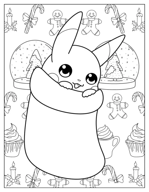 ピカチュウがクリスマス靴下の中から顔をのぞかせています。