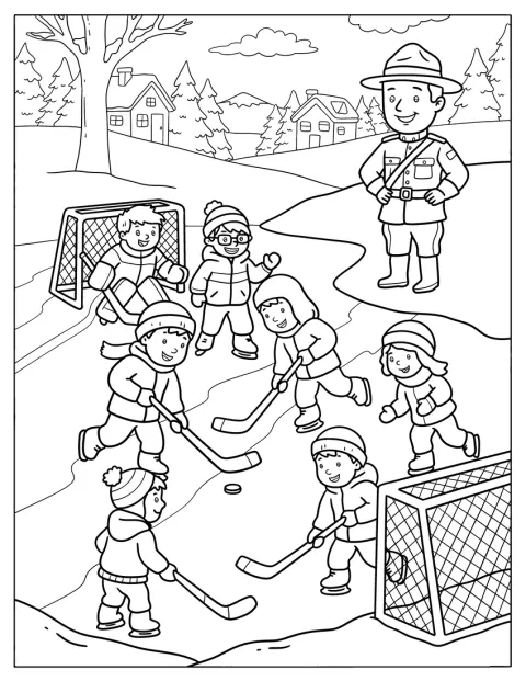 Kinder spielen Straßenhockey, während ein Mountie sie in Kanada trainiert.