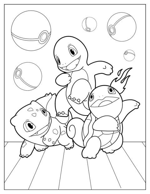 Squirtle, Bulbasaur i Charmander wspólnie bawią się na świeżym powietrzu.