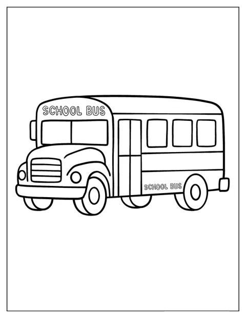 Een eenvoudige kleine schoolbus is getekend met duidelijke lijnen.