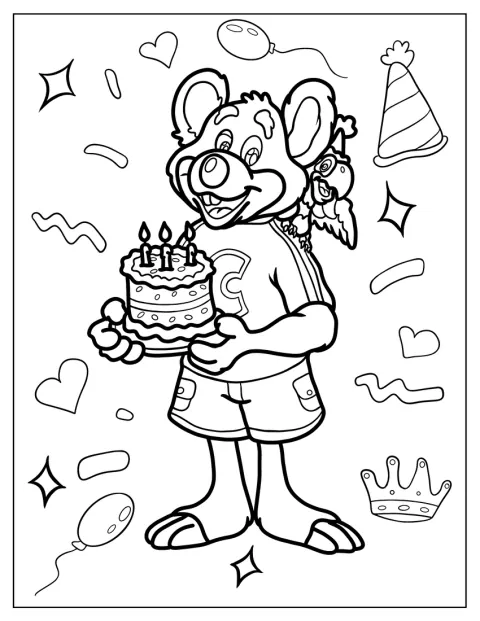 Chuck E. Cheese drží narozeninový dort a vedle něj sedí pták.