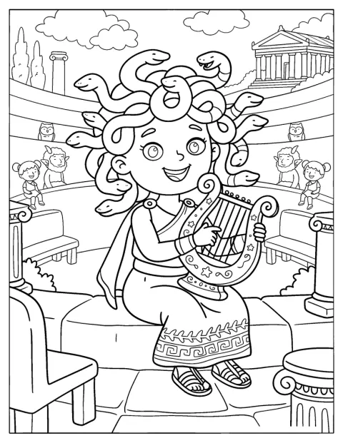 Medusa spiller på en lyre i et amfiteater fra det antikke Grækenland.