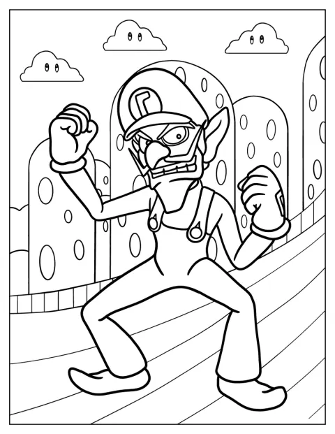 Waluigi näyttää vihaiselta seistessään.