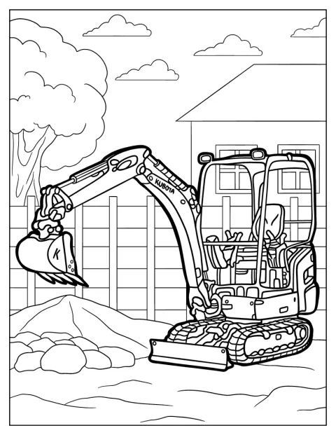 Ein Kubota-Minibagger steht mit kurzem Ausleger und Schaufel da.