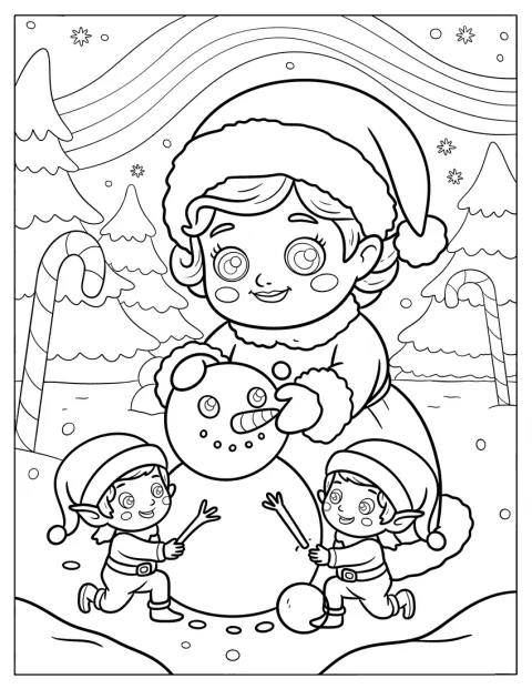サンタの奥さんが、エルフたちと雪だるまを作っています。