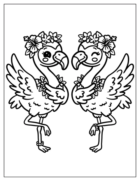 Two Flamingos Dancing in Flower Crowns and Leis Coloring Sheet for Kids