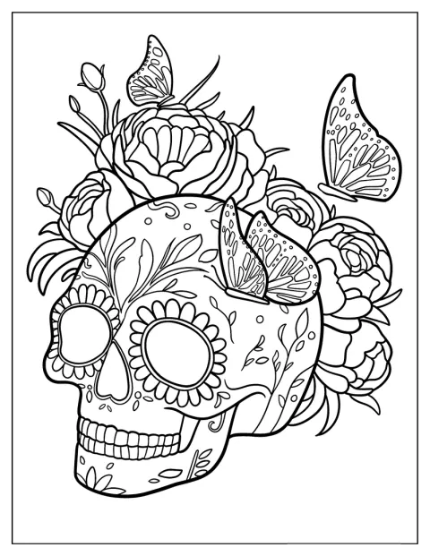Vista de lado de una calavera de azúcar rodeada de mariposas y muchas rosas.