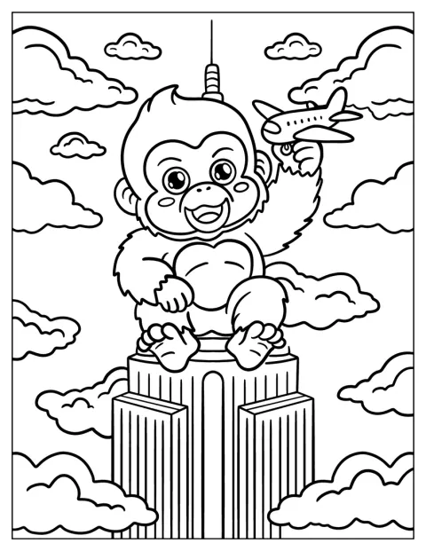 Un adorable King Kong bebé juega con un avión sentado en el Empire State Building.