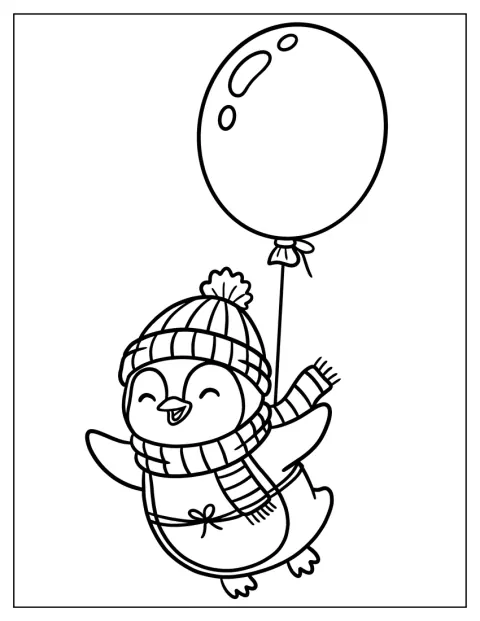 En liten, glad pingvin står med en ballong festet rundt seg.