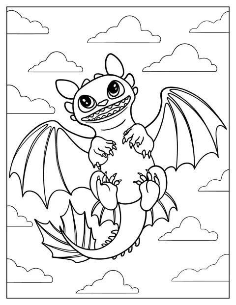 Desdentao, el pequeño dragón, aparece sentado.