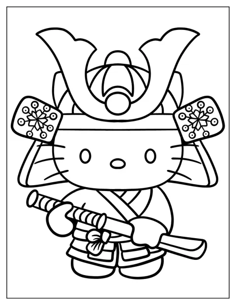 Hello Kitty er klædt som samurai med hjelm og sværd.