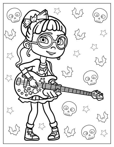 Bridget vidáman gitáron játszik.