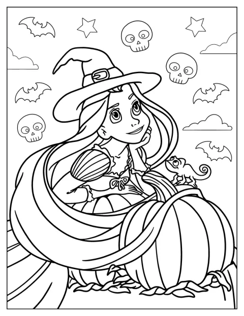 Rapunzel usa um chapéu de bruxa enquanto Paco segura abóboras.