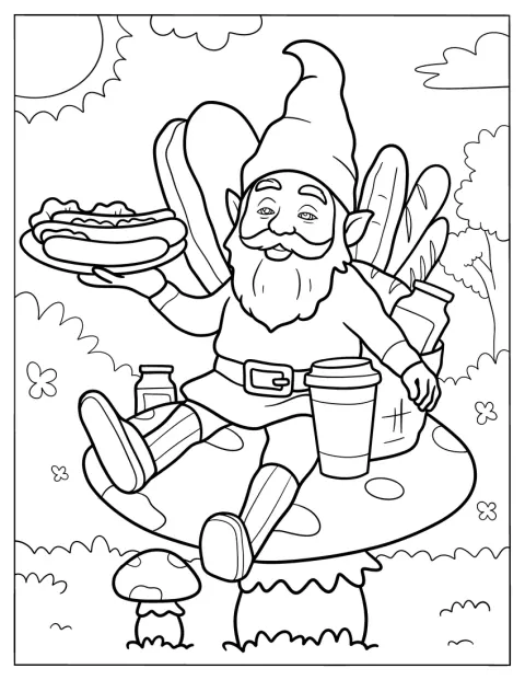 En hungrig tomte sitter på en svamp och håller upp en tallrik med varmkorv.
