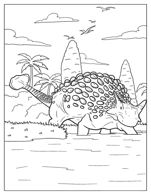 Un grande Ankylosaurus entra nell’acqua di un fiume.