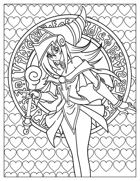 Dark Magician Girl sorri e segura o cajado, de pé em destaque.