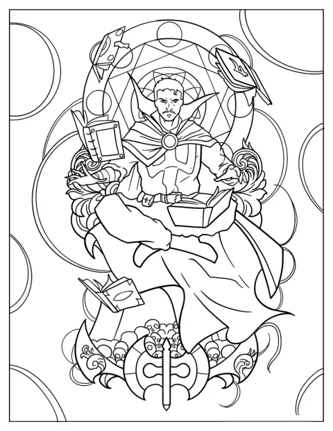 Doctor Strange levita mientras varios libros flotan a su alrededor.