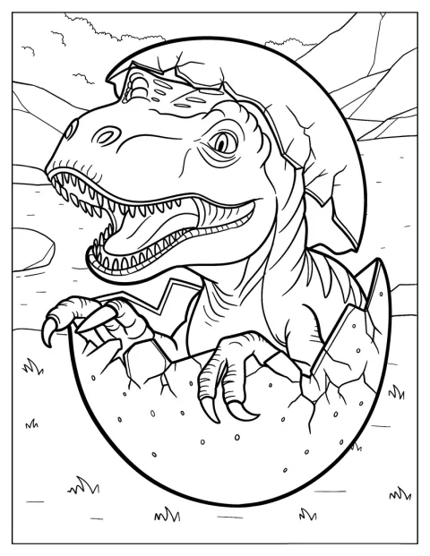 Ein T-Rex bricht aus einem großen Dinosaurierei hervor.