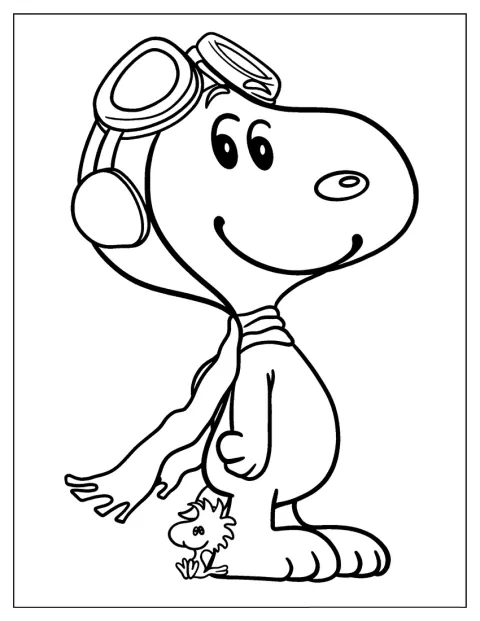 Snoopy draagt een pilotenbril op zijn kop.