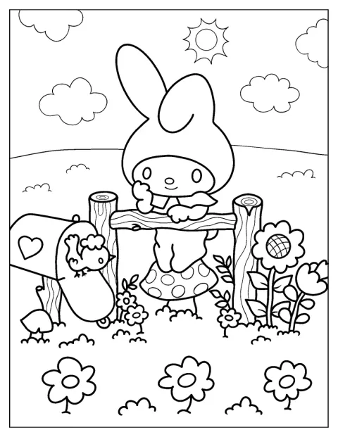 My Melody mira atentamente a un pájaro.
