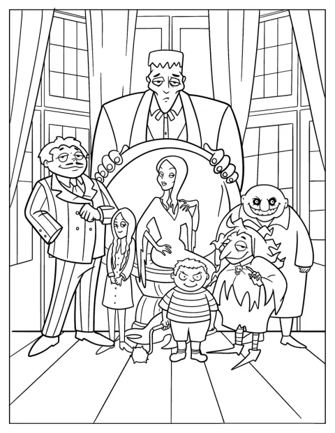 Morticia, Gomez, Mercoledì, Pugsley, zio Fester e Nonna sono riuniti.